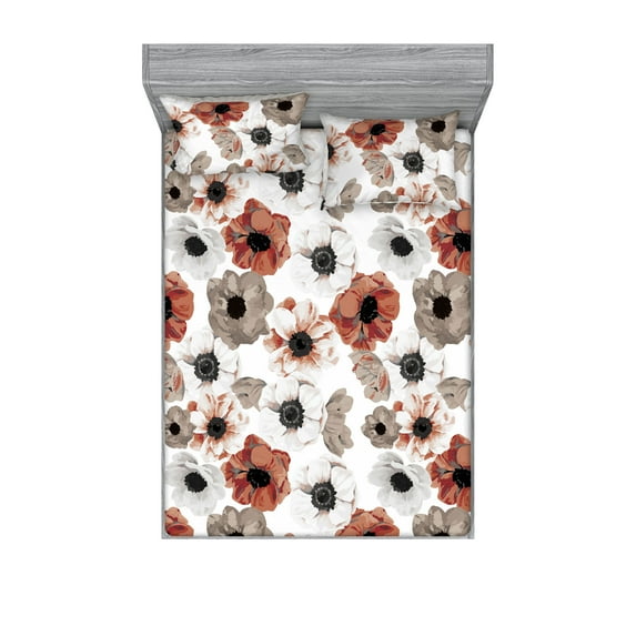 Springtime Fitted Sheet & Pillow Sham Set, Watercolor Style Illustrated Delicate Flowers Vintage on Plain Back, Decorative Printed 3 Piece Bedding Decor, Calking, Pale Maroon Taupe Grey, by Ambesonne