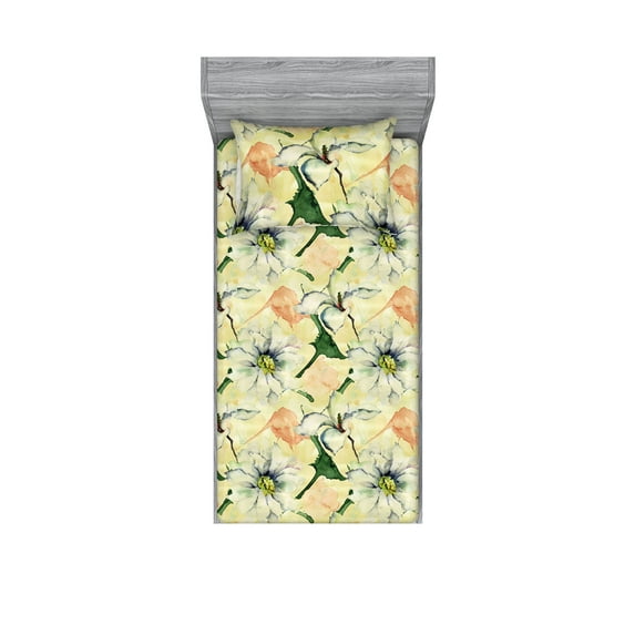 Springtime Fitted Sheet & Pillow Sham Set, Watercolor Wild Flowers with Leaves and Petals in Peachy Details, Decorative Printed 2 Piece Bedding Decor, Twin, Grey Yellow Hunter Green, by Ambesonne