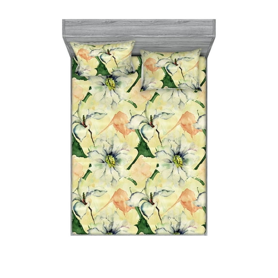 Springtime Fitted Sheet & Pillow Sham Set, Watercolor Wild Flowers with Leaves and Petals in Peachy Details, Decorative Printed 3 Piece Bedding Decor, Calking, Grey Yellow Hunter Green, by Ambesonne