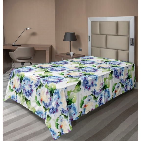 Springtime Flat Sheet, Soft Colored Watercolor Style Repeating Pattern of Hydrangea Flowers, Soft Comfortable Top Sheet Decorative Bedding 1 Piece, Twin Size, Green Blue and Purple, by Ambesonne