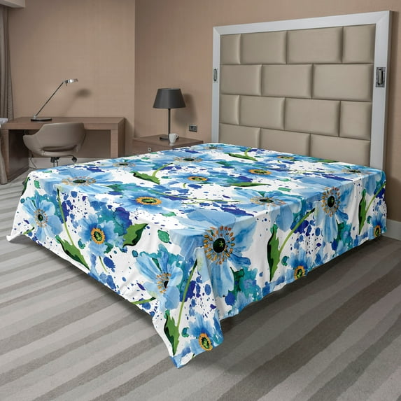 Ambesonne Springtime Floral Flat Bedding Sheet Soft Top Sheet, Watercolor Leafy, Queen, Pale Azure Blue Mustard