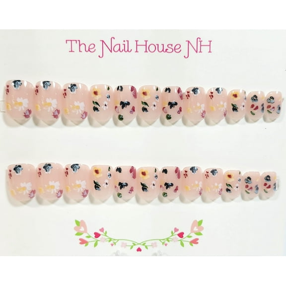 Springtime Floral Short Square Press-On Nails - 24 Pieces - Artificial Nail Kit