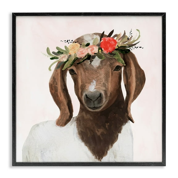 Springtime Flower Crown Long Ear Baby Goat Framed Giclee Texturized Art, 12 x 1.5 x 12