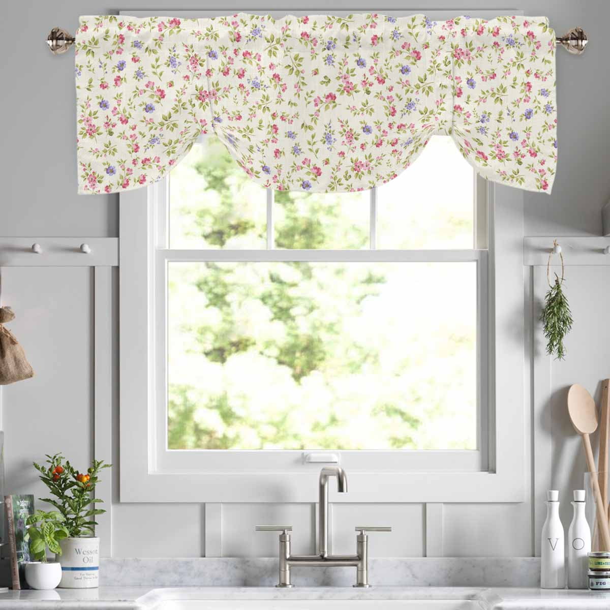 Springtime Garden Valance Rod Pocket Linen Tie Up Window Curtain ...