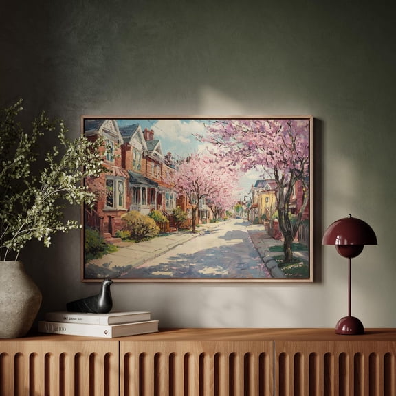 Springtime Neighborhood Art - Charming Cherry Blossom Street With Brick Homes And Blooming Trees Wall Decor Wall Art, Modern Wall Decor, 8x12 UNFRAMED