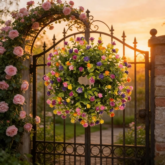 Springtime Rainbows Wreath Spring Artificial Flower Holiday Decorative Wreath Garden Hanging Ornament Door Wreath Door Hanging