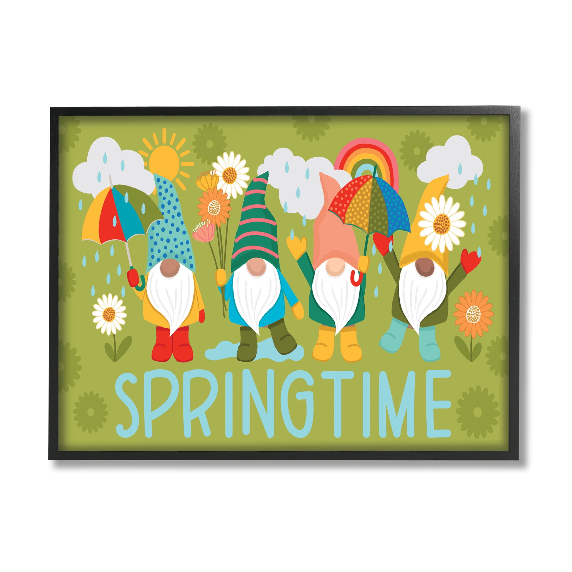Springtime Rainy Garden Gnomes Holiday Graphic Art Black Framed Art Print Wall Art