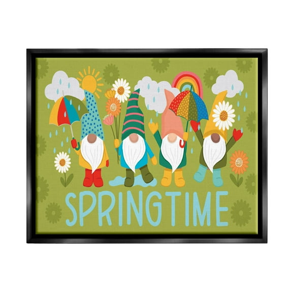 Springtime Rainy Garden Gnomes Holiday Graphic Art Jet Black Framed Art Print Wall Art