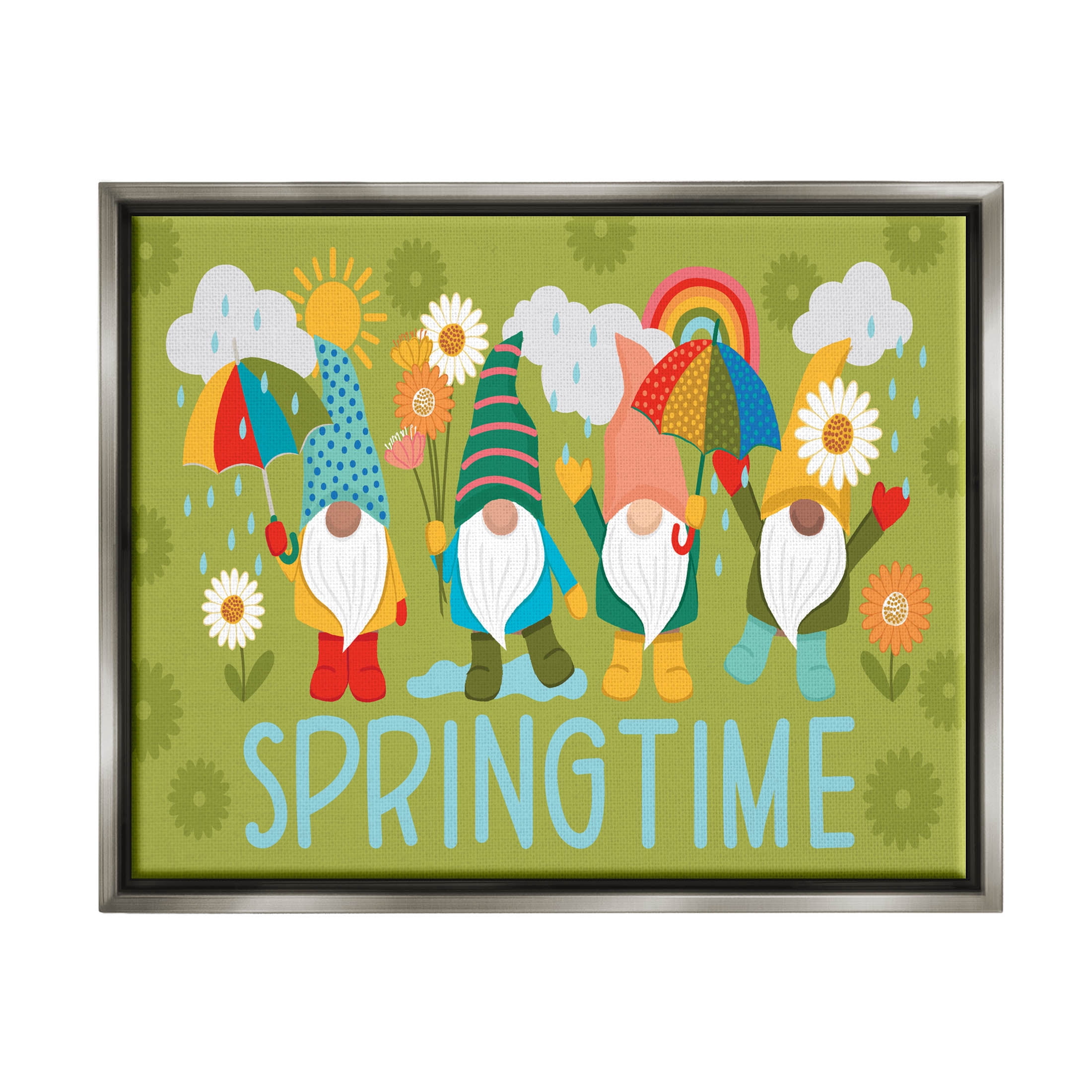 Springtime Rainy Garden Gnomes Holiday Graphic Art Luster Gray Framed Art Print Wall Art