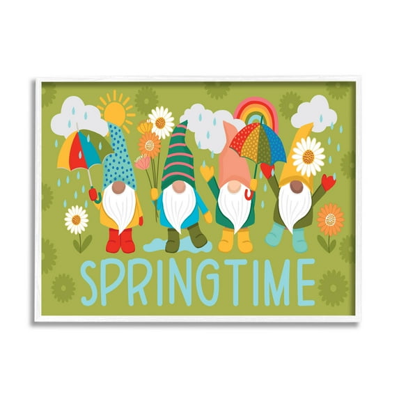 Springtime Rainy Garden Gnomes Holiday Graphic Art White Framed Art Print Wall Art