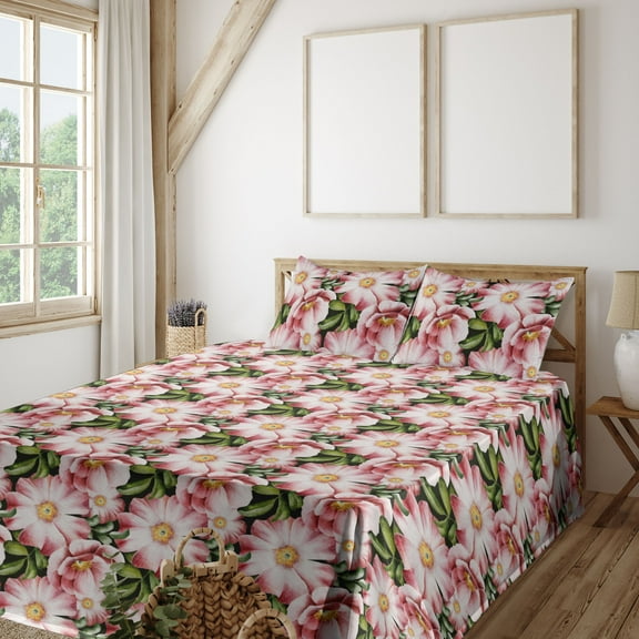 Ambesonne Springtime Fitted & Flat Sheet with Shams 4 Pcs Set, Garden Flowers Romantic, King, Pistachio Green Blush