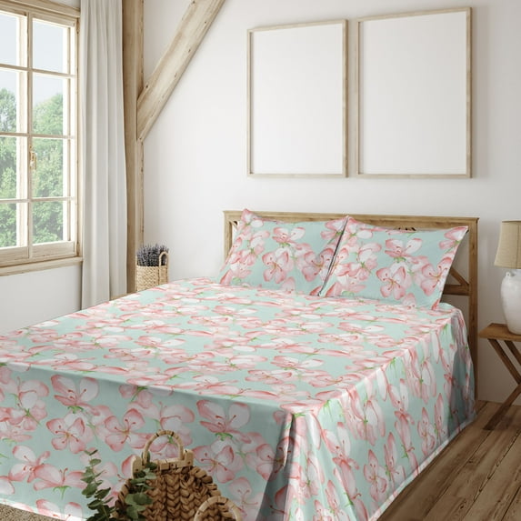 Ambesonne Springtime Fitted & Flat Sheet with Shams 4 Pcs Set, Delicate Apple Blossoms, Full, Salmon Rose and Mint Green