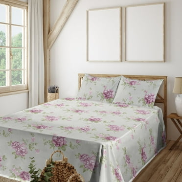 Springtime Sheet Set, Neutral Colors Cottagecore British Garden Flowers Vintage with Leaves, Fitted & Flat Sheet with Pillowcase Bedding Accent 4 Pcs Set, King, Pistachio Green Lilac, by Ambesonne