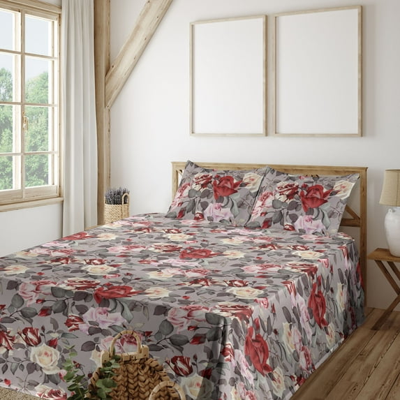 Springtime Sheet Set, Neutral Colors Romantic Vintage Floral Design Rose Nostalgic Look, Fitted & Flat Sheet with Pillowcase Bedding Accent 3 Pcs Set, Twin, Pale Mauve and Dark Pink, by Ambesonne