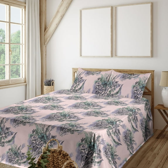 Springtime Sheet Set, Romantic Bouquet Nature Meadow Flowers Vintage Lover in Watercolor, Fitted & Flat Sheet with Pillowcase Bedding Accent 3 Pcs Set, Twin XL, Rose Lilac and Pale Teal, by Ambesonne