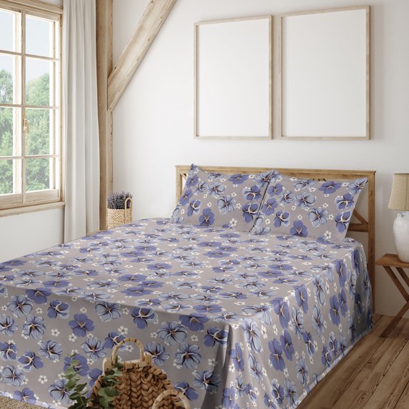 Springtime Sheet Set, Romantic Inspired Flowers Vintage Pattern with Outlines Print, Fitted & Flat Sheet with Pillowcase Bedding Accent 3 Pcs Set, Twin XL, Ceil Blue and Warm Taupe, by Ambesonne