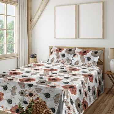 Springtime Sheet Set, Watercolor Style Illustrated Delicate Flowers Vintage on Plain Back, Fitted & Flat Sheet with Pillowcase Bedding Accent 4 Pcs Set, King, Pale Maroon Taupe Grey, by Ambesonne