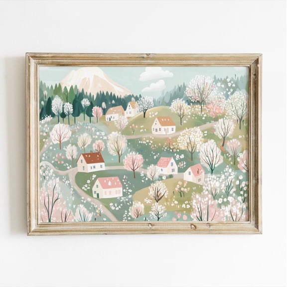 Springtime Village Scene, Blooming Trees Print, Mountain View Art Print, Cottagecore Wall Art, Easter Wall Art, Floral Landscape Art #1260, Unframed Poster Size 12x18