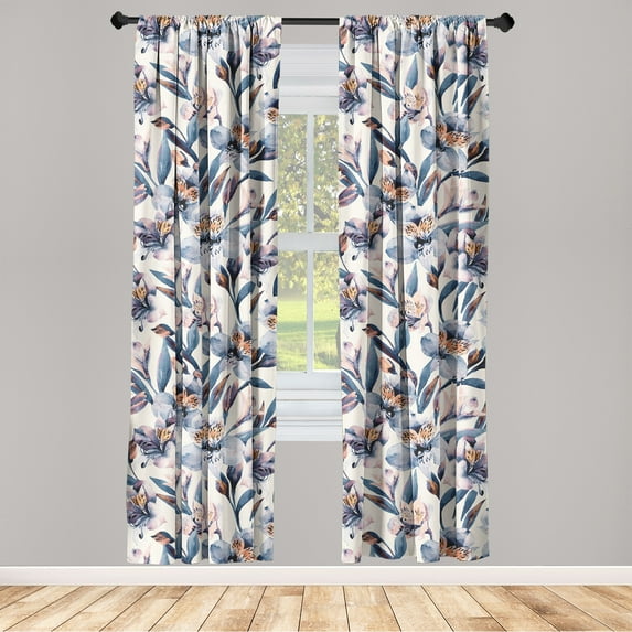 Springtime Window Curtains, Alstroemeria Flowers with Nude Colors and Peduncles of Spring Art, Lightweight Decor 2-Panel Set with Rod Pocket, Pair of - 28"x95", Lavender Blue Pale Orange, by Ambesonne