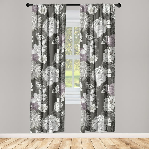 Springtime Window Curtains, Bitonal Flowers Boho Orchid and Moth Pattern on Darkened Backdrop Print, Lightweight Decor 2-Panel Set with Rod Pocket, Pair of - 28"x84", Charcoal Grey White, by Ambesonne