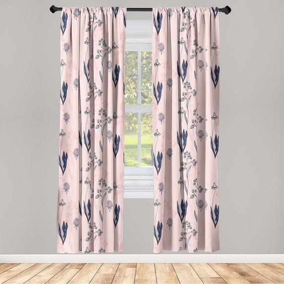 Springtime Window Curtains, Blooming Jungle Boho Flowers Pattern with Petals Soft Composition Print, Lightweight Decor 2-Panel Set with Rod Pocket, Pair of - 28"x95", Blush Dark Indigo, by Ambesonne