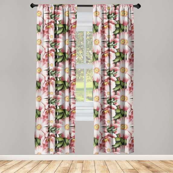 Springtime Window Curtains, Colorful Design Garden Scene Flowers Boho With Leaves Romance Print, Lightweight Decor 2-Panel Set with Rod Pocket, Pair of - 28"x63", Pistachio Green Blush, by Ambesonne