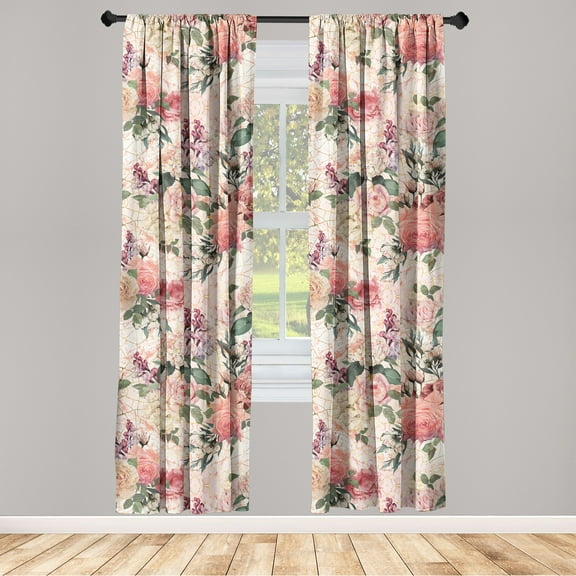 Springtime Window Curtains, Delicate Rose Pattern with Leafy Ornaments on Grunge Backdrop Art, Lightweight Decor 2-Panel Set with Rod Pocket, Pair of - 28"x95", Pastel Pink Forest Green, by Ambesonne
