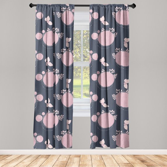 Springtime Window Curtains, Hydrangea Bloom with Leaves and Circle Pattern Bohemian Print, Lightweight Decor 2-Panel Set with Rod Pocket, Pair of - 28"x63", Pale Pink and Dark Indigo, by Ambesonne