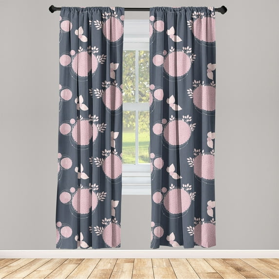 Springtime Window Curtains, Hydrangea Bloom with Leaves and Circle Pattern Bohemian Print, Lightweight Decor 2-Panel Set with Rod Pocket, Pair of - 28"x84", Pale Pink and Dark Indigo, by Ambesonne