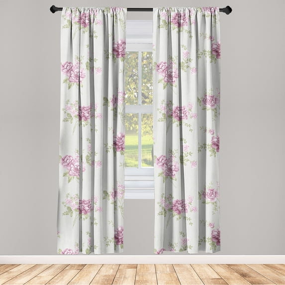Springtime Window Curtains, Neutral Colors Cottagecore British Garden Flowers Vintage with Leaves, Lightweight Decor 2-Panel Set with Rod Pocket, Pair of - 28"x95", Pistachio Green Lilac, by Ambesonne