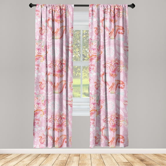 Springtime Window Curtains, Outline Style Illustration of Paisley Ornamented Floral Boho Motifs, Lightweight Decor 2-Panel Set with Rod Pocket, Pair of - 28"x84", Pastel Pink Dark Pink, by Ambesonne