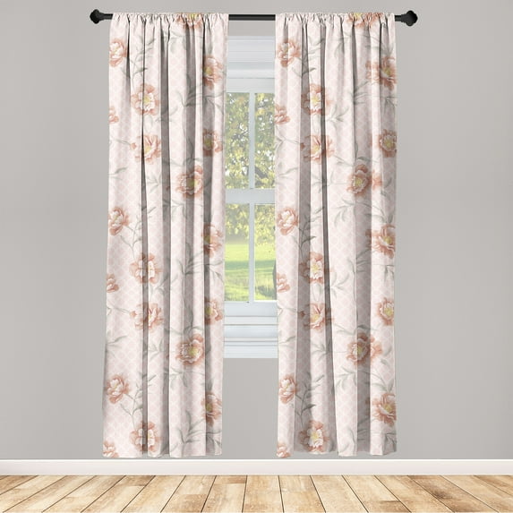Springtime Window Curtains, Romantic Inspired Cottagecore Floral Design on Lattice Pattern Art, Lightweight Decor 2-Panel Set with Rod Pocket, Pair of - 28"x63", Pale Pink Pale Salmon, by Ambesonne