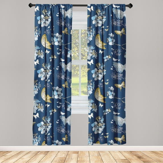 Springtime Window Curtains, Simple Design Modern Butterfly and Floral Boho Artwork Neutral Print, Lightweight Decor 2-Panel Set with Rod Pocket, Pair of - 28"x95", Dark Lavender Sea Blue, by Ambesonne