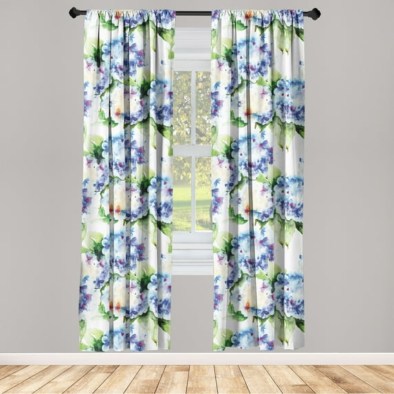 Springtime Window Curtains, Soft Colored Watercolor Style Repeating Pattern of Hydrangea Flowers, Lightweight Decor 2-Panel Set with Rod Pocket, Pair of - 28"x63", Green Blue and Purple, by Ambesonne