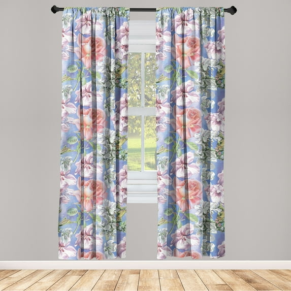 Springtime Window Curtains, Watercolor Nature Blossoms with Floral Garden Botanical Composition, Lightweight Decor 2-Panel Set with Rod Pocket, Pair of - 28"x63", Ceil Blue Mauve Salmon, by Ambesonne