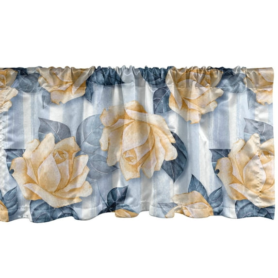 Springtime Window Valance, Autumn Vibes Garden Scene Rose Pattern on Striped Backdrop Art, Curtain Valance for Kitchen Bedroom with Rod Pocket, 54" X 18", Pale Sky Blue Pale Orange, by Ambesonne