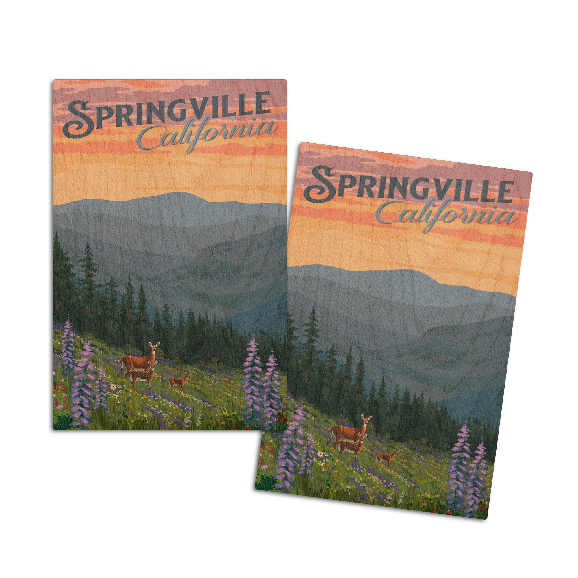 Springville, California, Deer and Spring Flowers (4x6 Birch Wood ...