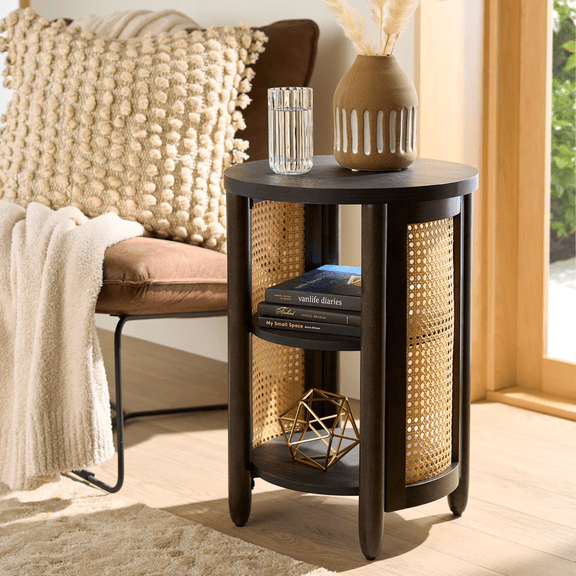 Springwood Caning End Table with Two Storage Shelves, Charcoal Finish
