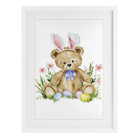 Springy Easter Teddy Bear White Framed Print Under Glass, design by Amy Hall