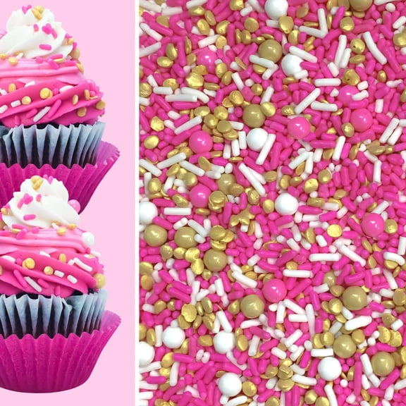 Sprinkle Deco Bright Pink Shabby Elegant Gold Chic Cupcake Cake Decoration Confetti Sprinkles Cake Cookie Icecream Donut Jimmies Quins 4oz