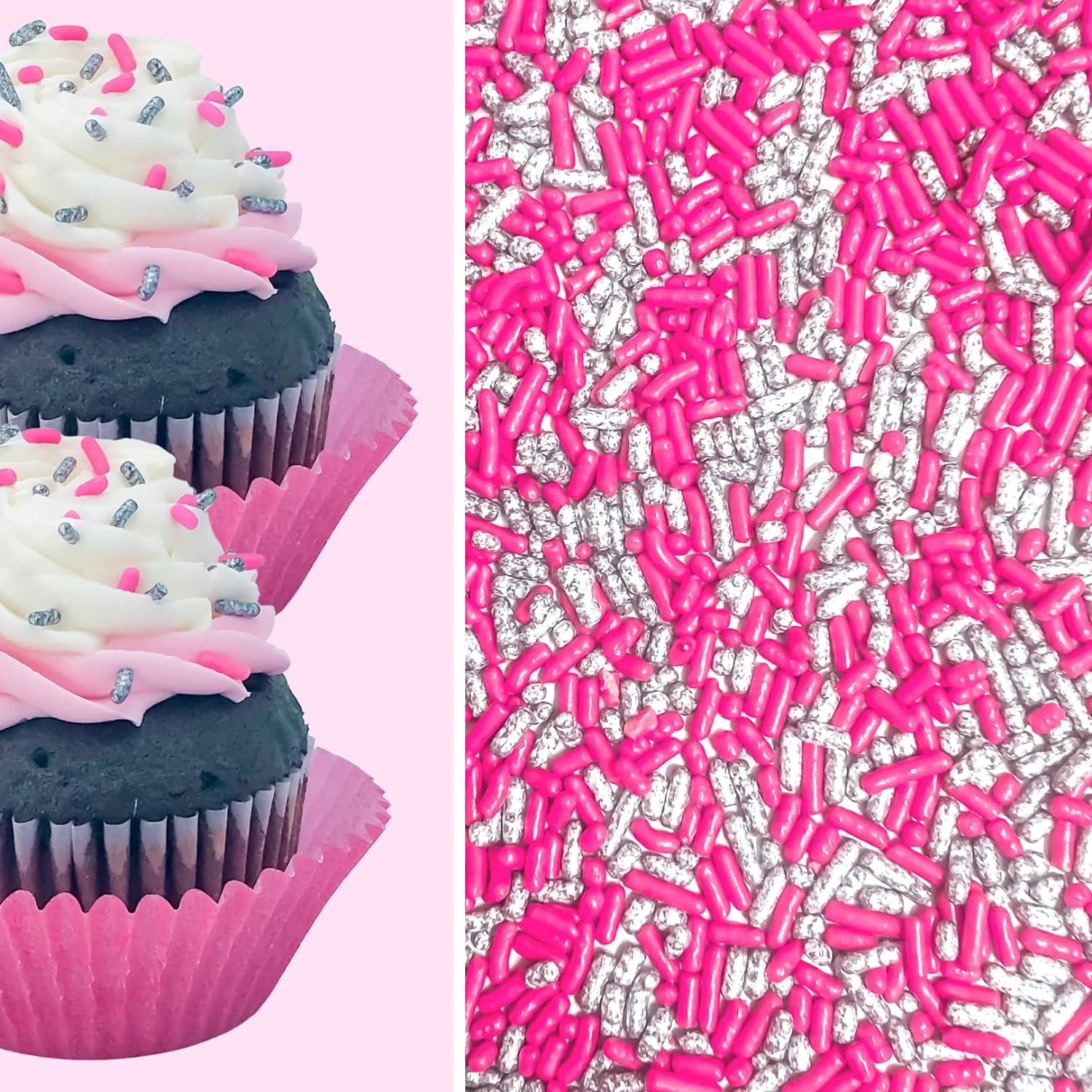 Sprinkle Deco Hot Pink and Silver Cake Pop Cookie Cupcake Cakes Semi-Sweet Edible Confetti Decorations Sprinkles Desert Jimmies Toppers
