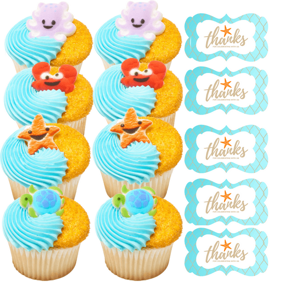 Sprinkle Deco Set of 12 Sea Buddies StarFish Turtle Crab Octopus 1 1/4inch - 1 3/4inch Edible Sugar Beach Cake & Cupcake Decoration Toppers with 12 Exclusive Thanks Stickers