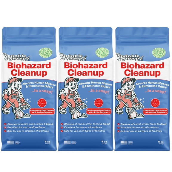 Sprinkle & Sweep: Biohazard Cleanup - 8oz, 3pk - Human Bodily Fluid Solidifier, Enzyme Powder, Absorbent, Odor Elimination, Home-Facilities-School