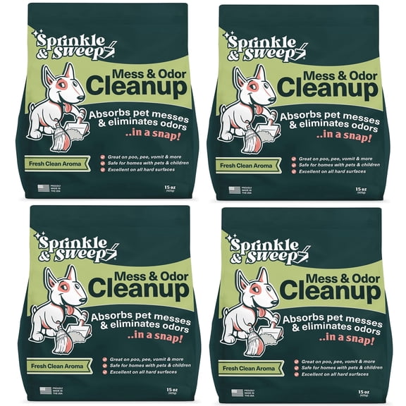 Sprinkle & Sweep: Pet Mess & Odor Cleanup - 4 Pack, 15oz Bags - Dog Accident Clumping Powder, Remove Pee-Poo-Vomit From Hard Surfaces, Ultra-Absorbent