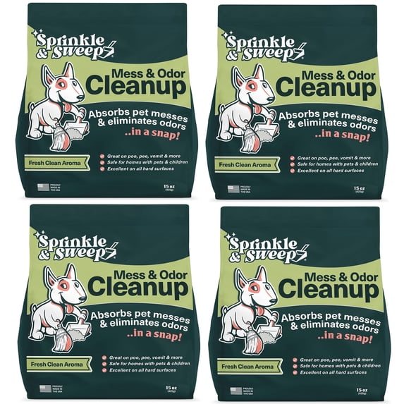 Sprinkle & Sweep: Pet Mess & Odor Cleanup - 4 Pack, 15oz Bags - Dog Accident Clumping Powder, Remove Pee-Poo-Vomit From Hard Surfaces, Ultra-Absorbent