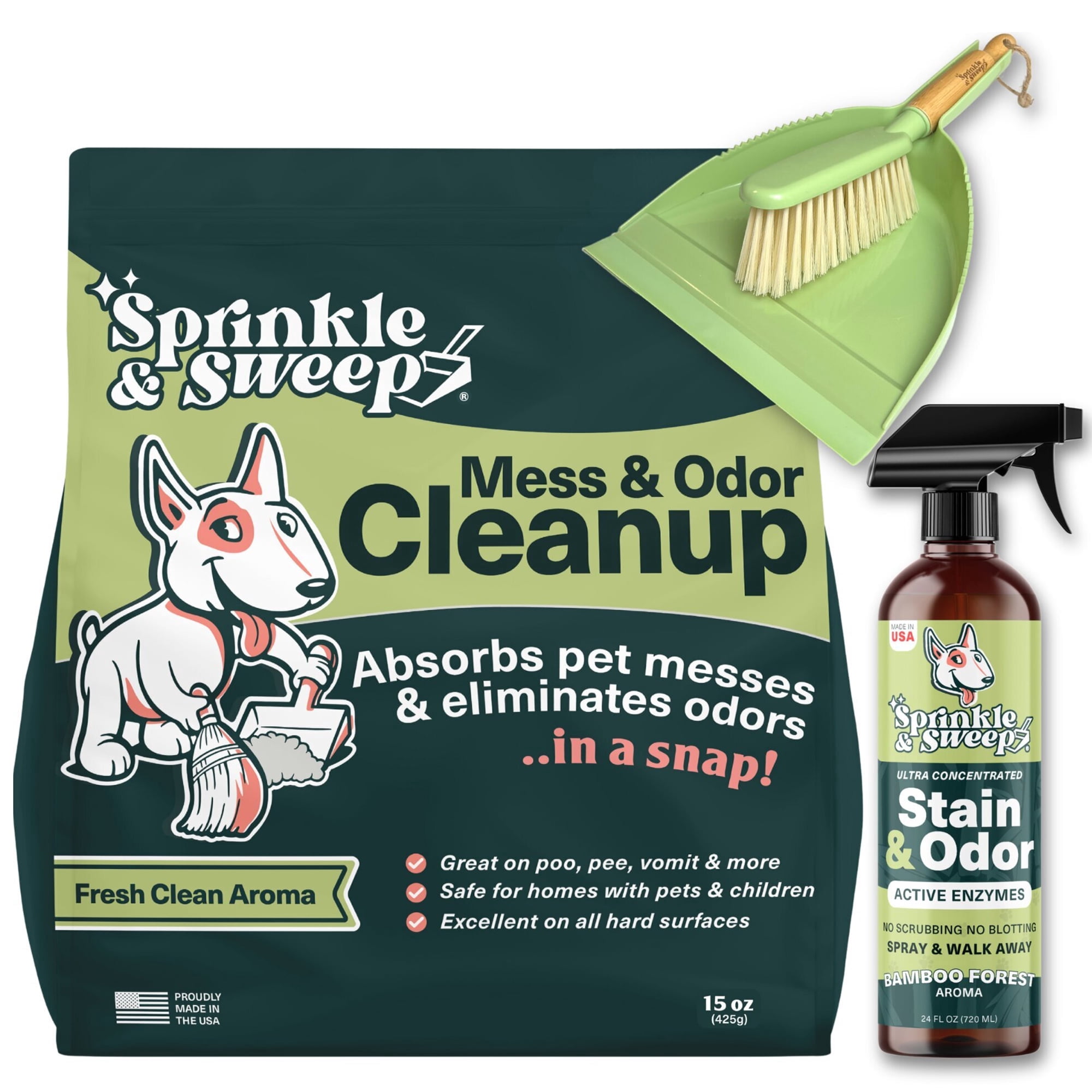 Sprinkle & Sweep: Pet Mess & Odor Cleanup Bundle - 15oz Bag, Dustpan Broom, 24oz Enzyme Stain Spray - Dog Accident Clumping Powder & Spot Treatment