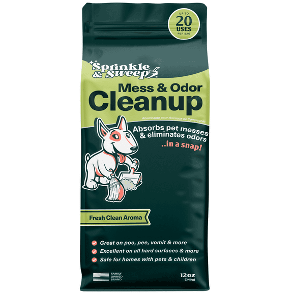 Sprinkle & Sweep - Ultimate Pet Mess Absorbent & Odor Eliminator for Urine, Poo, Vomit, Hairballs. 12OZ. Up to 20 Cleanups per Bag