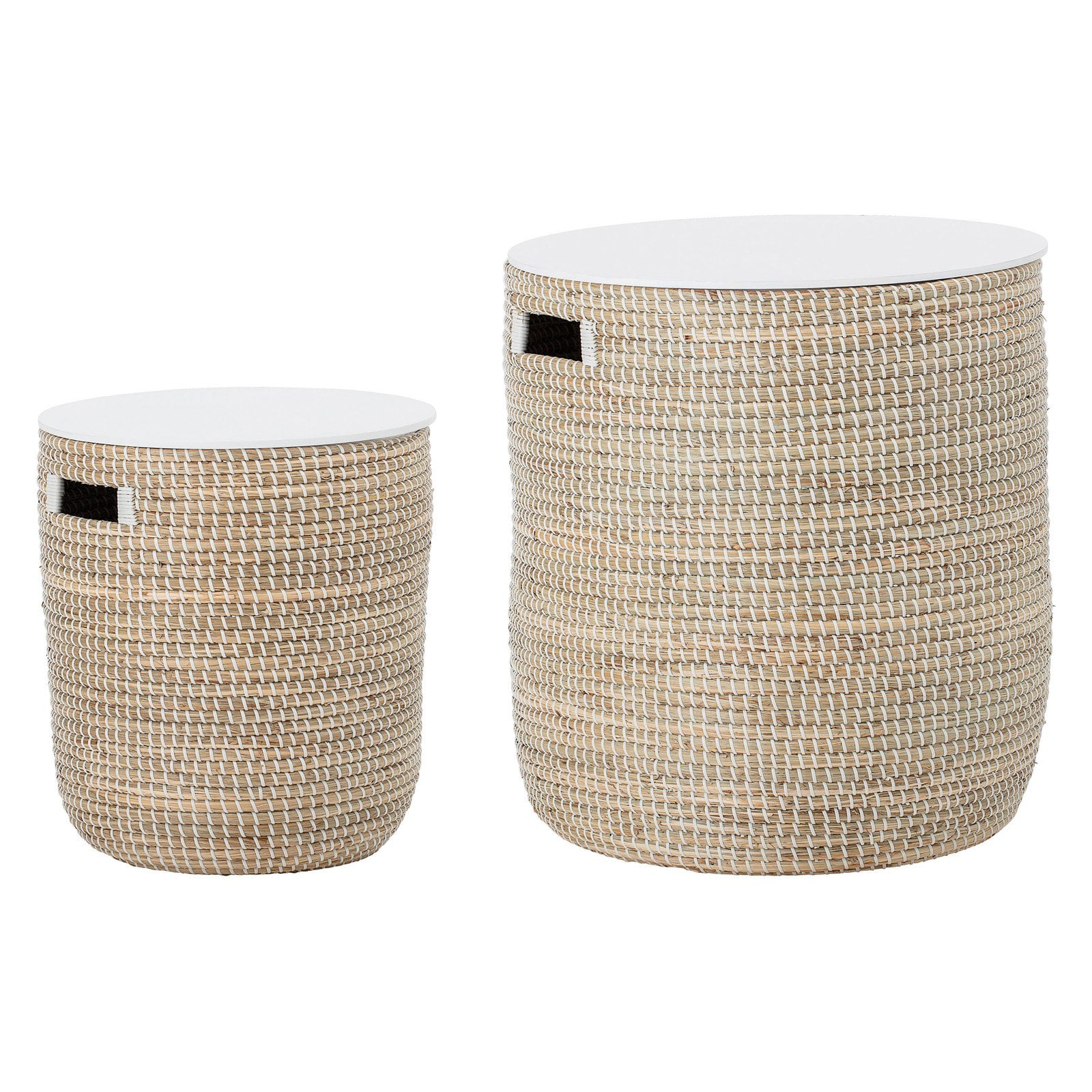 Natural Seagrass and White Wood Round Drum Side Table Set