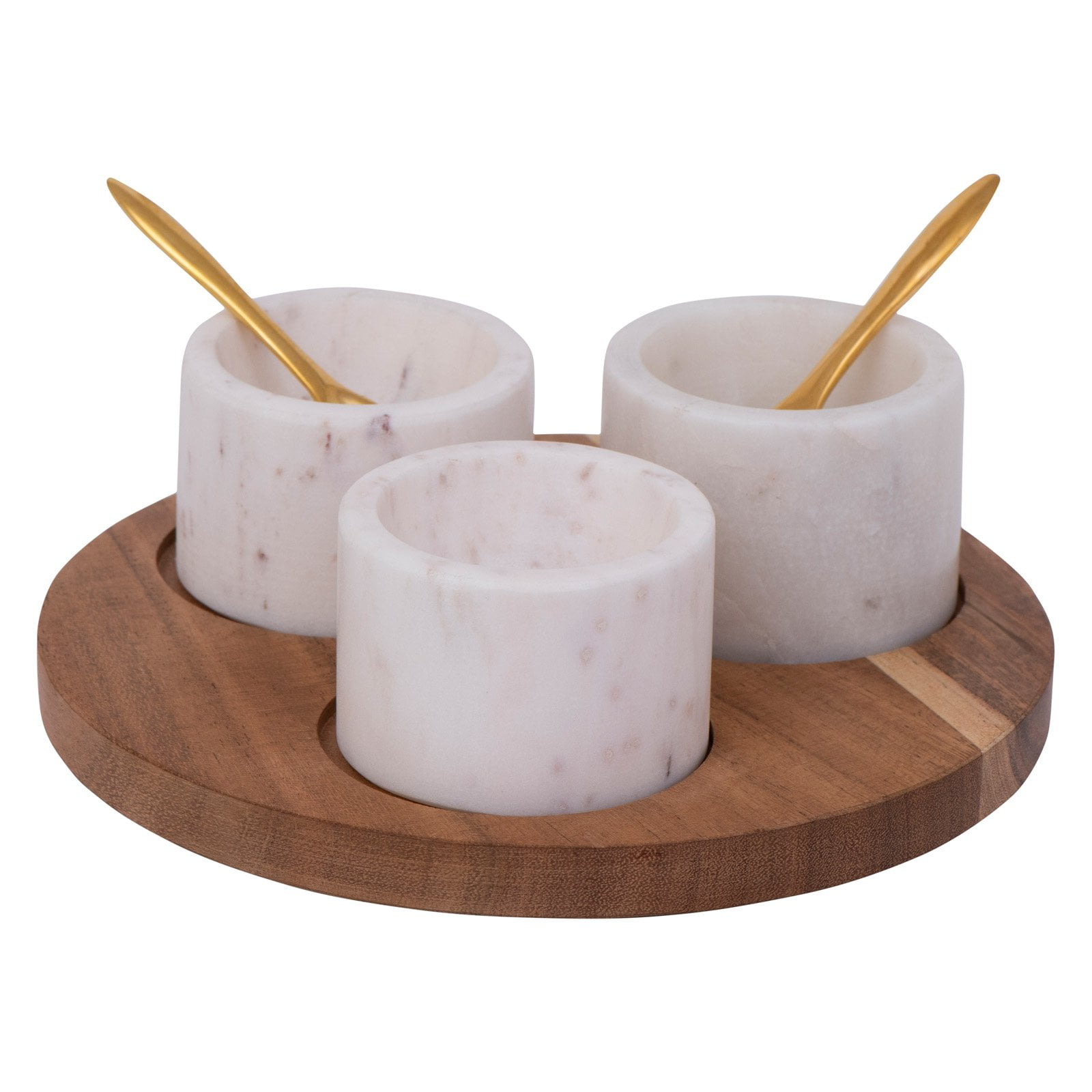 Round Acacia Wood Tray with White Marble Pinch Pots and Gold Spoons