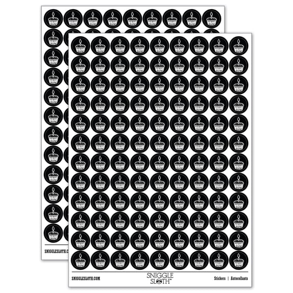 Sprinkled Birthday Cupcake with Candle 200+ Round Stickers - Black - Matte Finish - 0.50" Size
